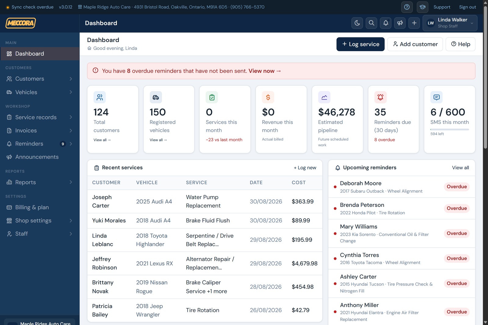 Meccora dashboard with reminders due, deferred work and pipeline revenue