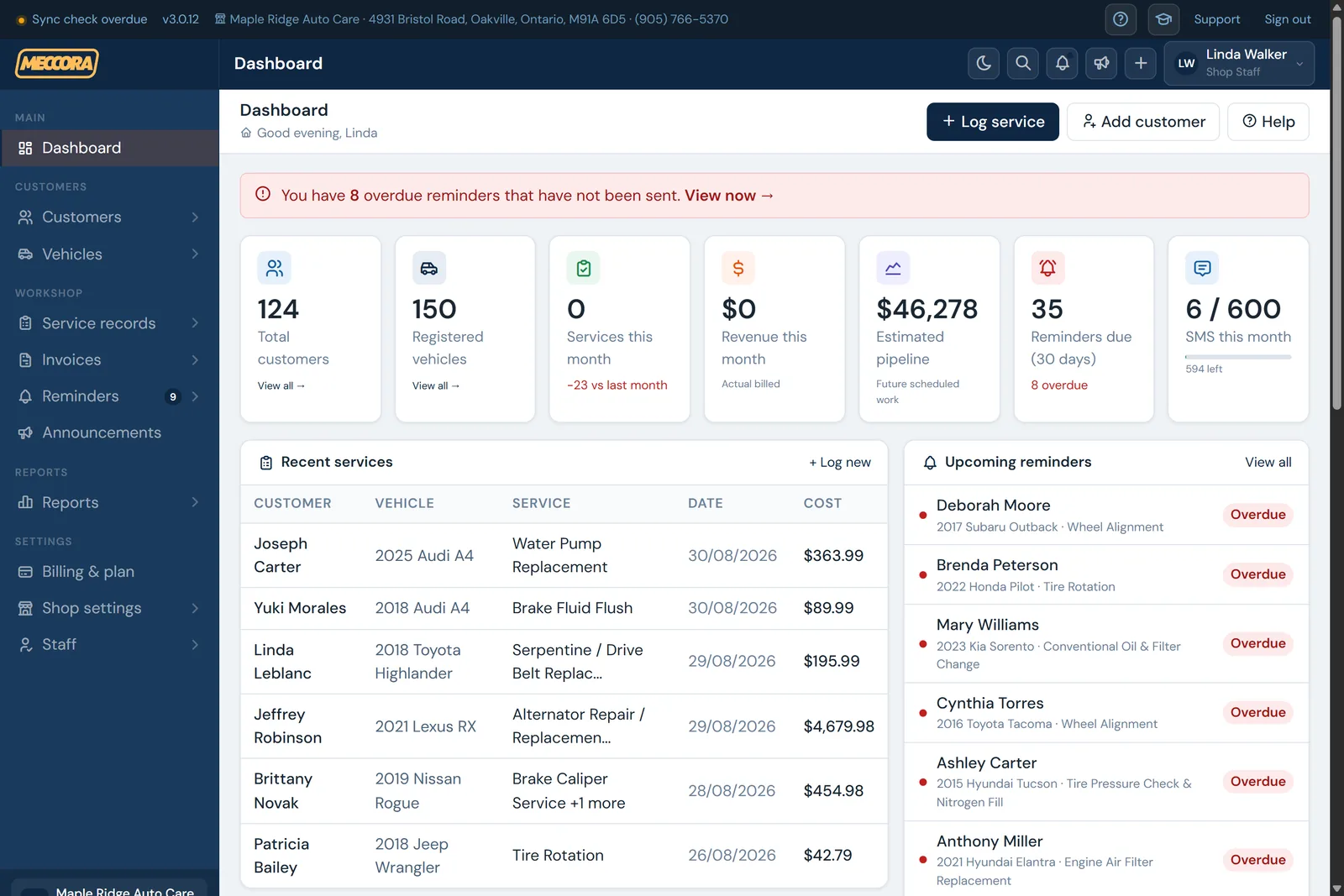 Meccora dashboard showing customer count, registered vehicles, estimated pipeline revenue, reminders due and deferred work