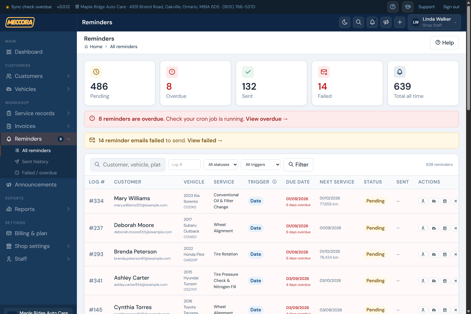 Meccora reminders list with customer, vehicle, service, due date and delivery status columns