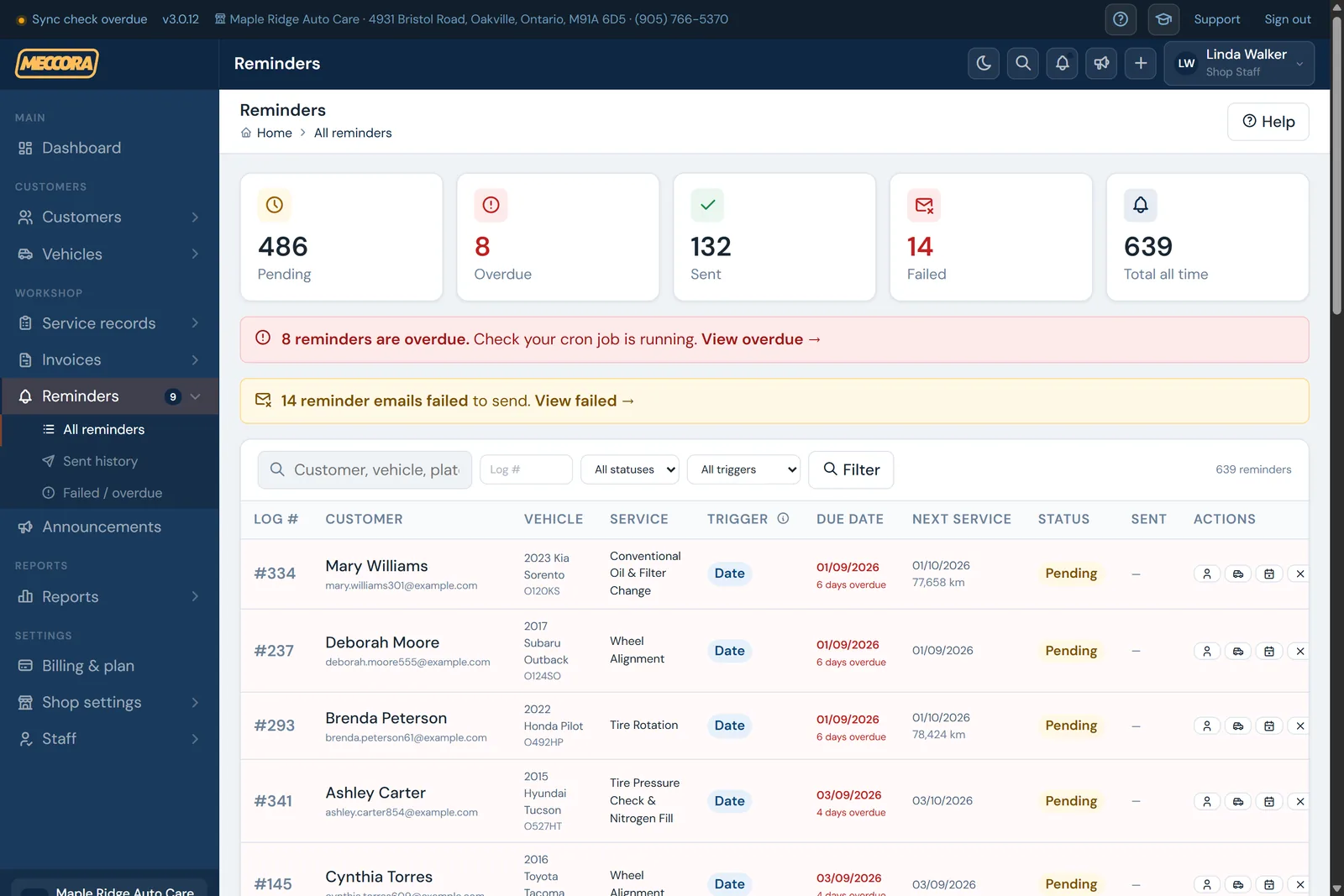 Meccora reminders screen listing upcoming service reminders with due dates and delivery status