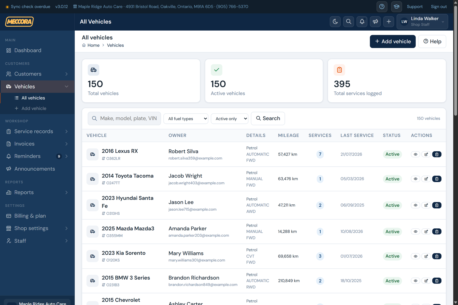 Meccora vehicles list populated after a CSV import
